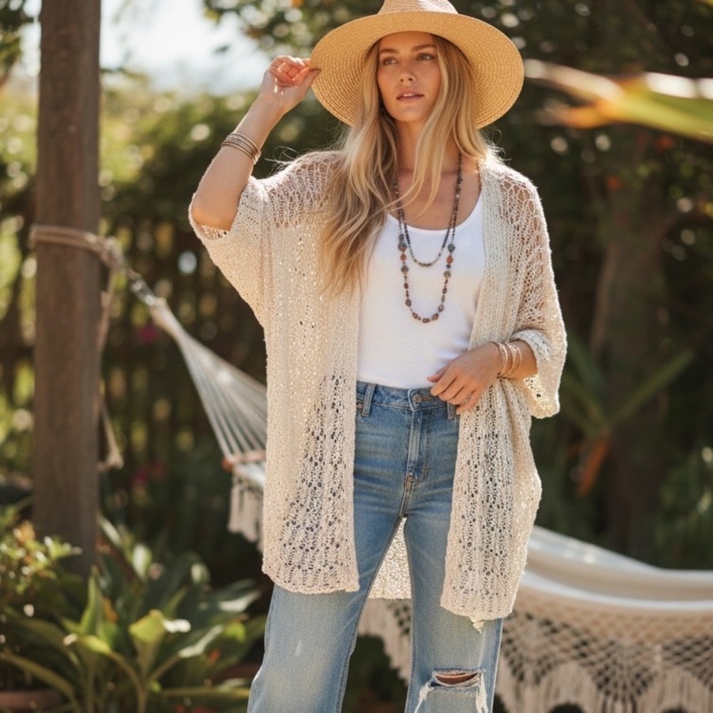 Trouble At The Mill Size S Fishing‎ Net Crochet Layer Top Cream Lagenlook Hippie